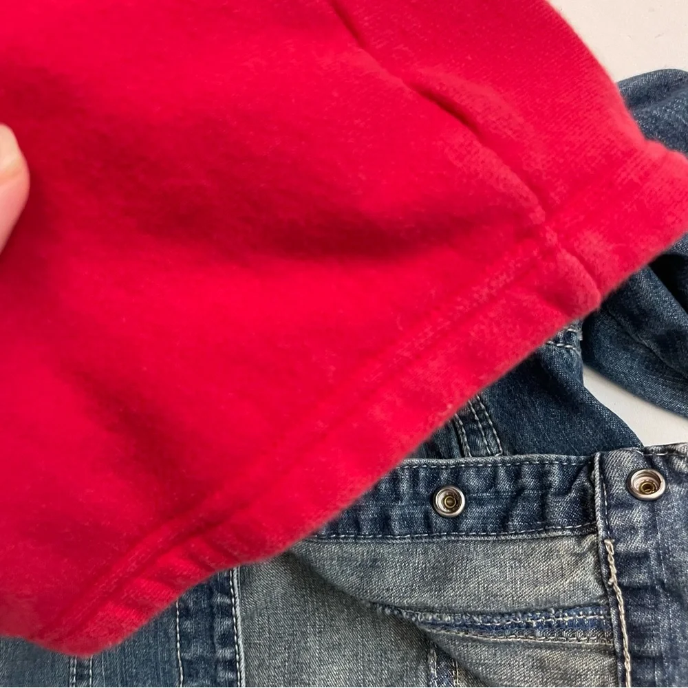 Gap Baby Jacket Denim Embroidered Handsome Devil Removable Hood Pockets Blue Red